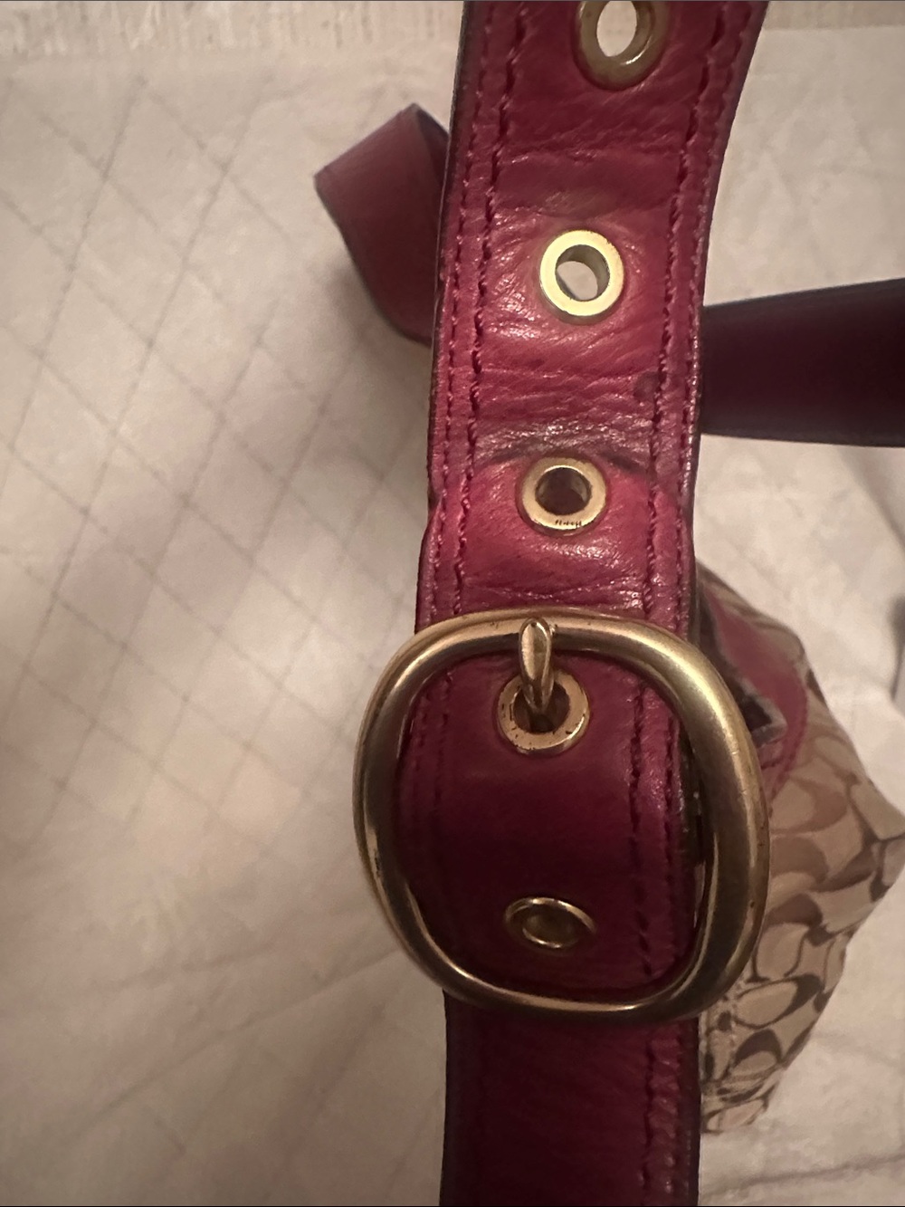 Coach Brown Signature Canvas Shoulder Bag with Burgundy Leather Trim - Picture 4 of 15